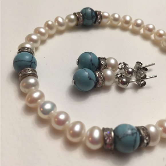 925 Sterling Silver Pearl & Turquoise earrings, bracelet, necklace - Picture 6 of 7